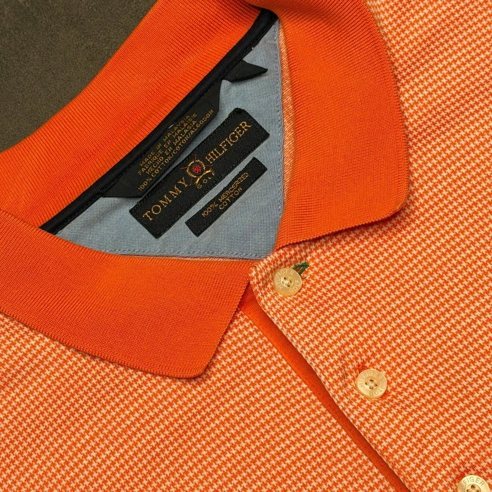 Tommy Hilfiger Golf Polo Shirt Mens XXL Orange Houndstooth Mercerized Cotton